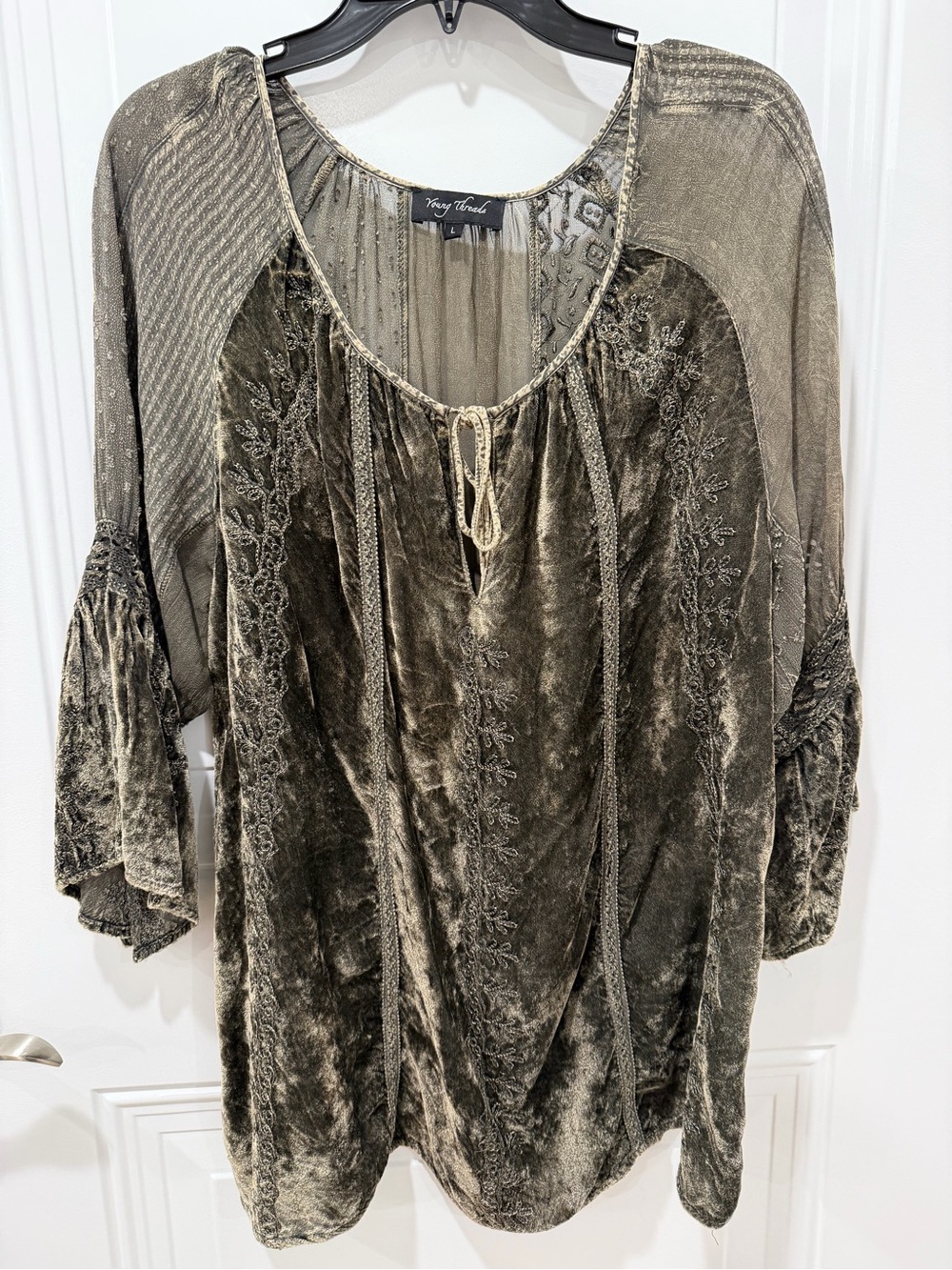 Young Threads - Olive Velvet Boho Tie-Front Blouse